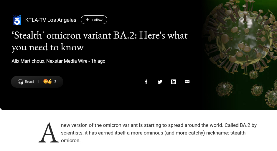 ステルス・オミクロンが発見されたLAでステルス・オミクロンに関する情報を伝える地元メディア