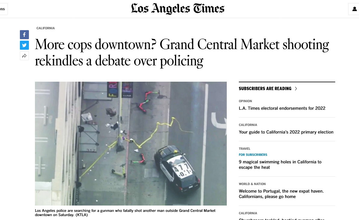 LAダウンタウンで起きた銃撃事件を伝えるロサンゼルス・タイムズ紙の記事