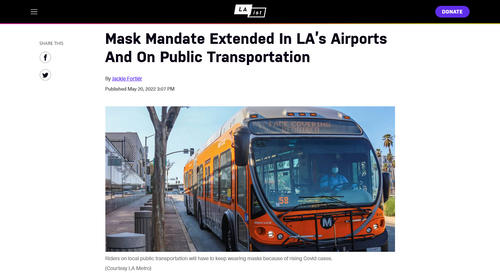 LAで公共交通機関や空港、駅でのマスク着用義務化が延期されことを伝える記事