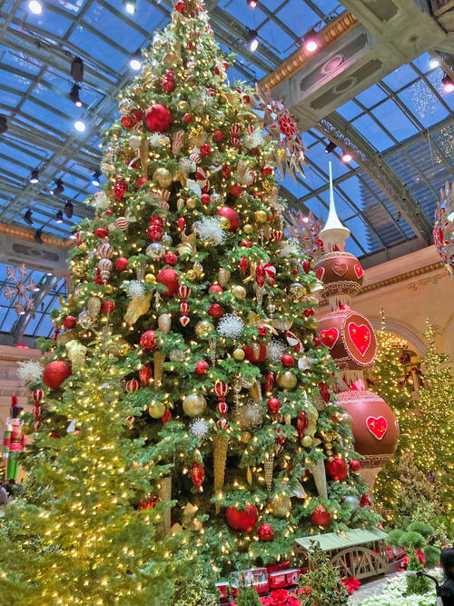 ベラージオの植物園に飾られた美しいクリスマスツリーの下には汽車が走っています