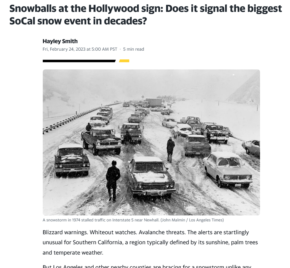 1974年に大雪が降った当時のLAの写真を掲載するLAタイムズ紙の記事