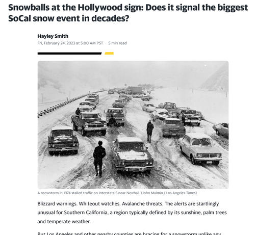 1974年に大雪が降った当時のLAの写真を掲載するLAタイムズ紙の記事