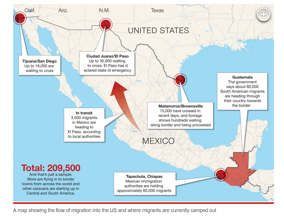 アメリカ入国を待つ移民の現在地を示す地図（ニューヨーク・ポスト紙より）