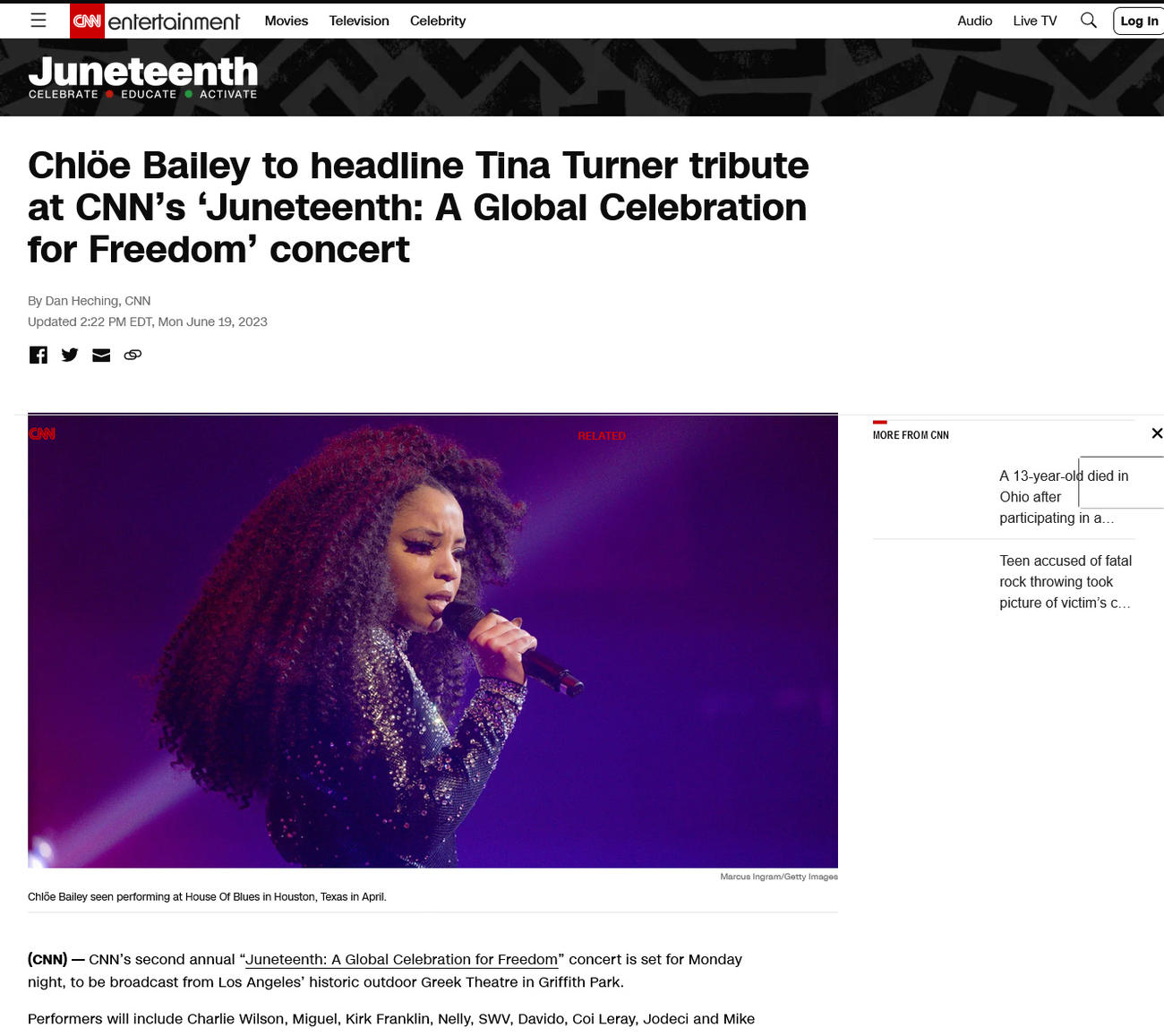 LAで開催されたCNN主催のコンサート「ジューンティーンス：グローバル・セレブレーション・フォー・フリーダム」を伝えるCNNの記事