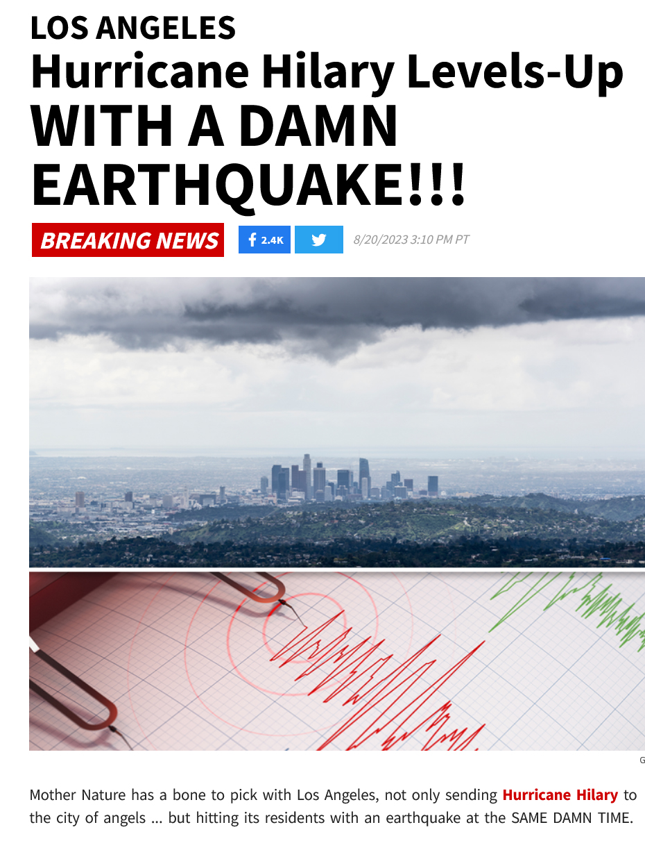 ハリケーンと地震が同時発生したことを伝えるニュースサイトTMZの記事