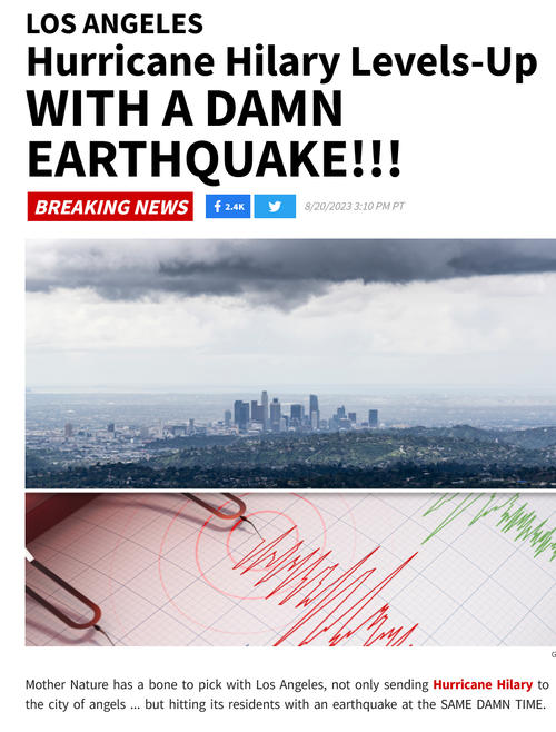 ハリケーンと地震が同時発生したことを伝えるニュースサイトTMZの記事