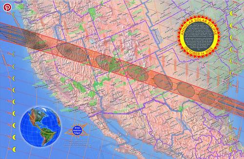 アメリカ上空の金環日食の通過ルートマップ　オレンジ色の線の下のエリアで観測ができます。（グレート・ウェスタン・リング・ファイヤー・エクリプスの情報ページより）