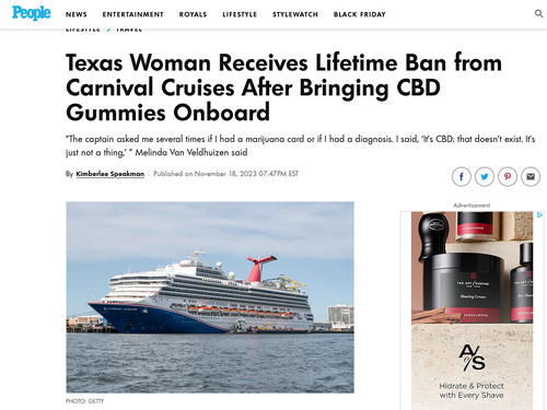 クルーズ船にCBDグミを持ち込もうとした女性客が生涯出禁となったことを報じるピープル誌の記事