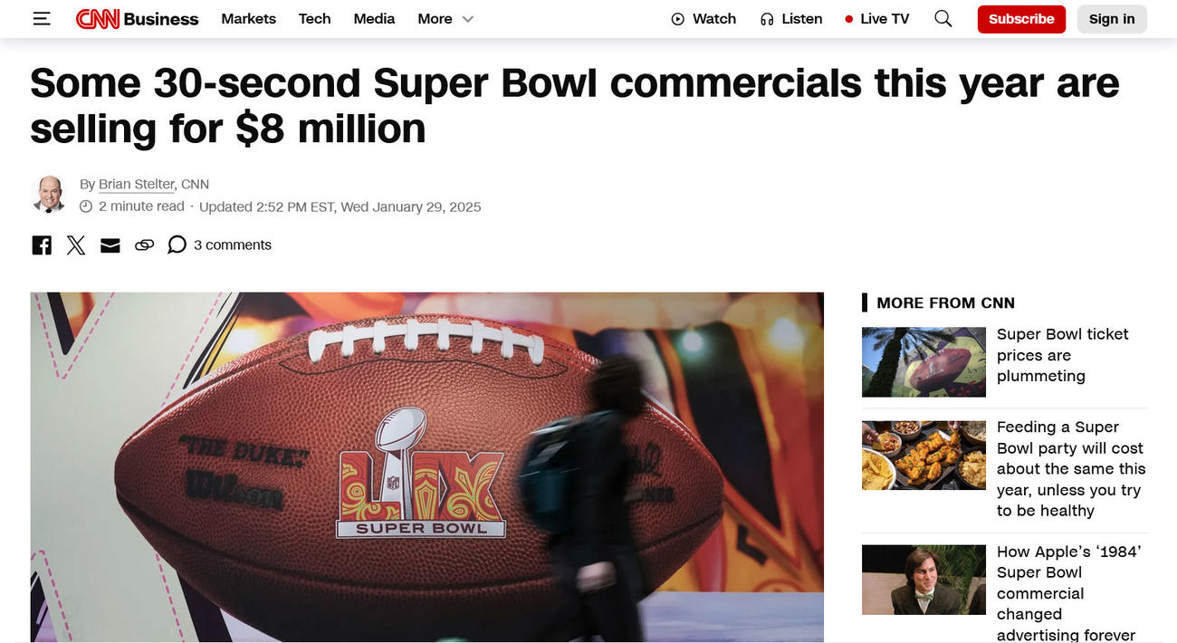 今年もスーパーボウルのCMは史上最高となる30秒800万ドルで販売されたと伝えるCNNのニュース記事