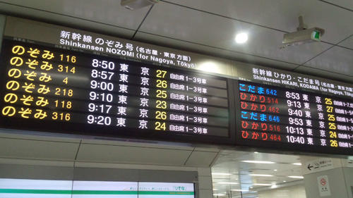 新大阪駅での案内表示。行き先はすべて東京で始発駅は書かれていない