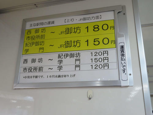 〈2〉車内の紀州鉄道の料金表。最長で180円だ