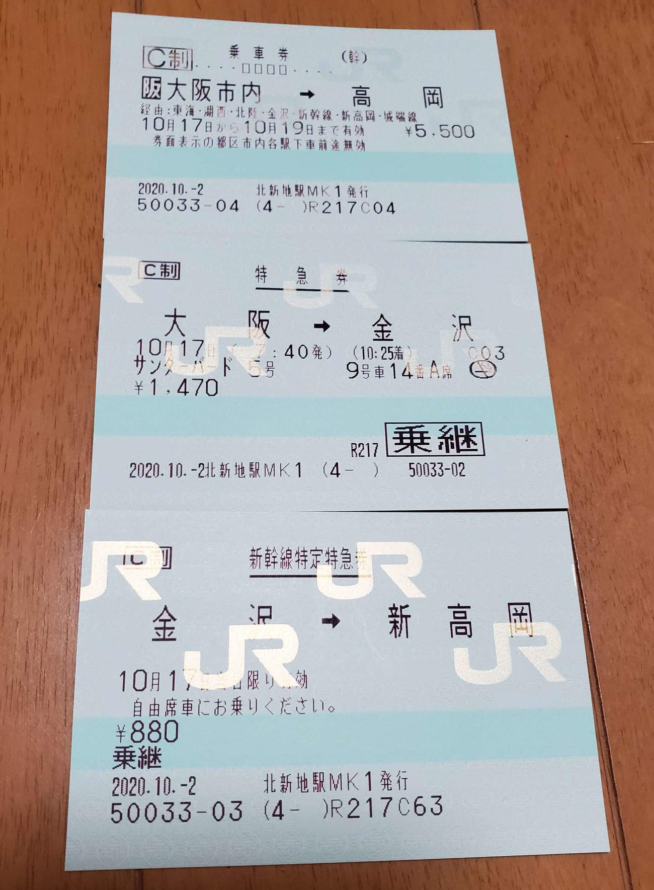 大阪から高岡への乗車券と特急券