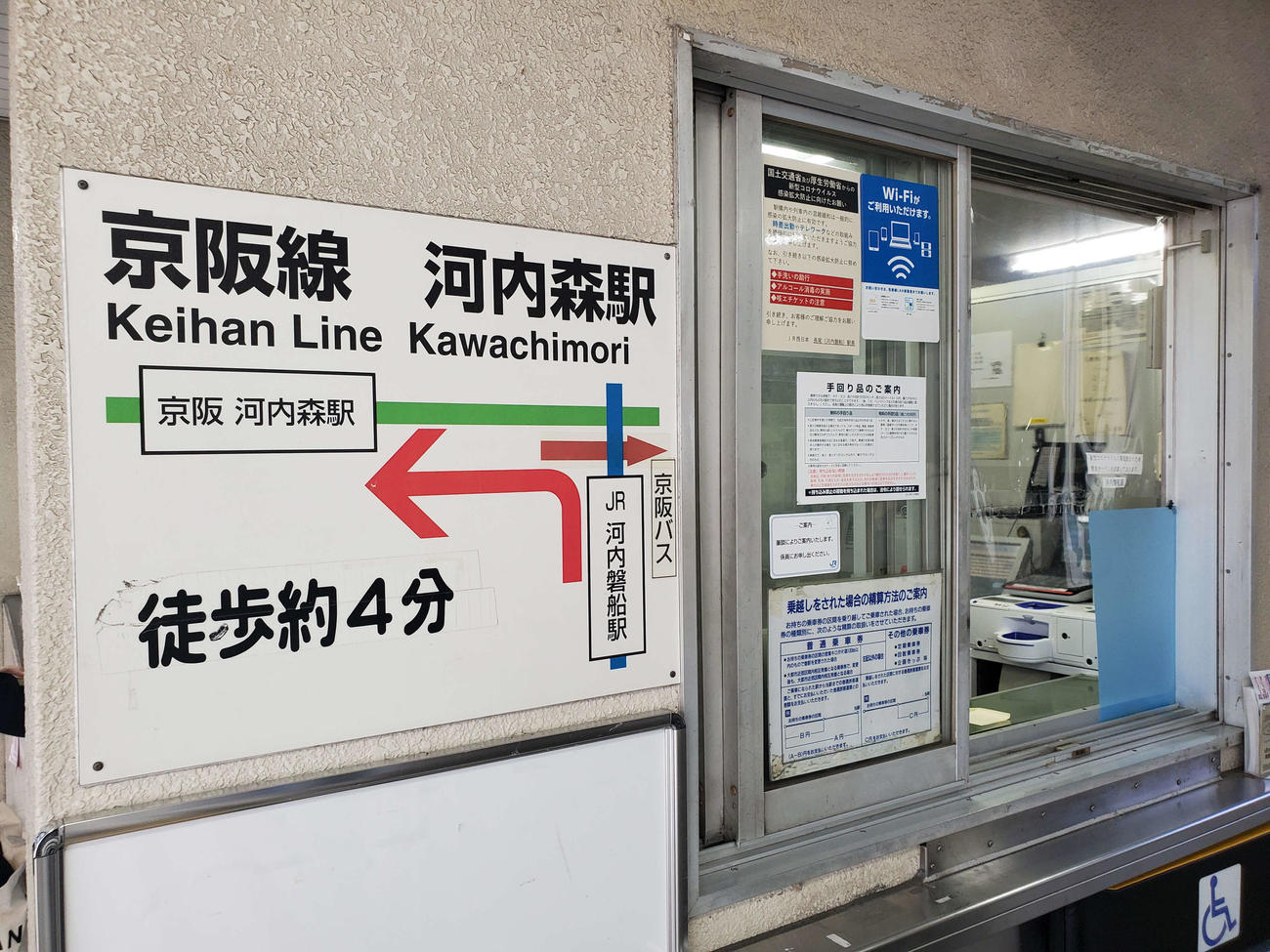 〈6〉河内磐船と京阪の乗り換えは外を歩く形になっていて案内図もある