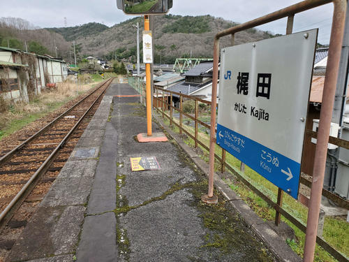 〈6〉梶田の駅名標とホーム
