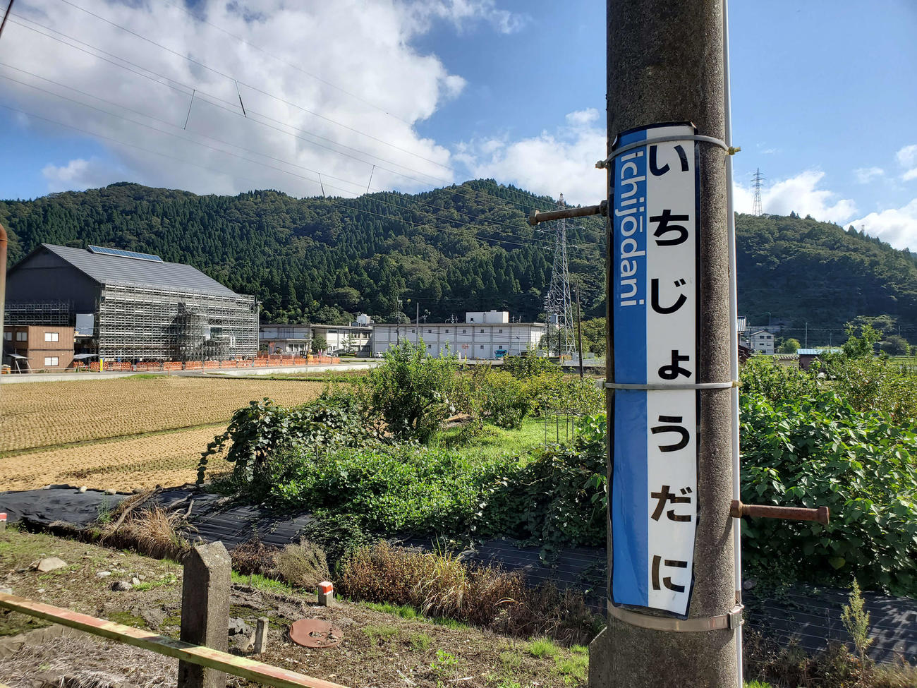 〈5〉一乗谷のホームから建設中の朝倉氏遺跡博物館が見える