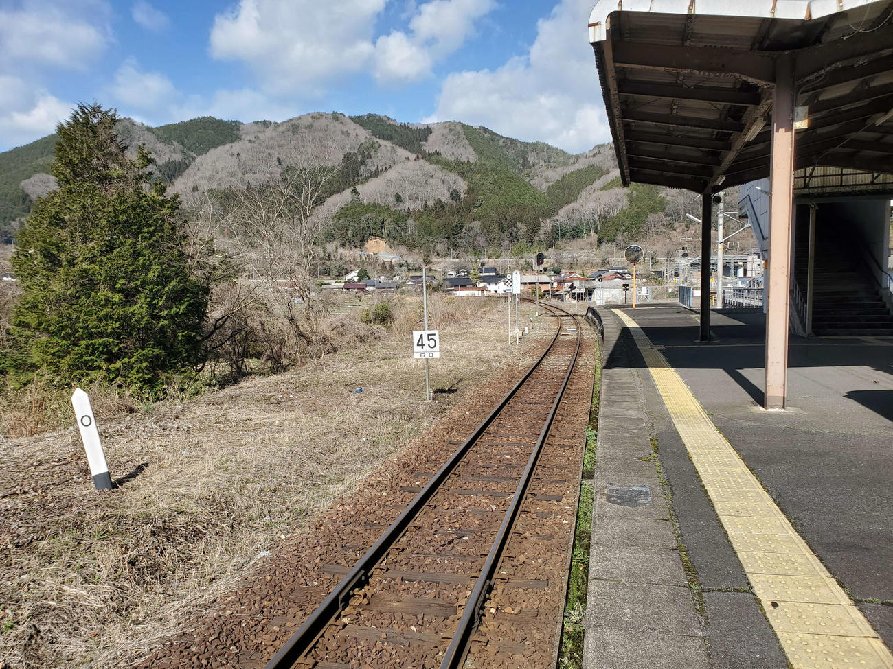 〈8〉架線がないのが芸備線ホーム。0キロポストがある