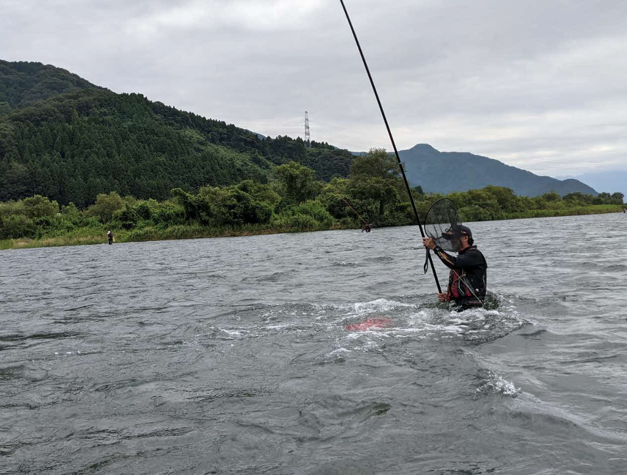 強い流れの中で良型アユの引きを楽しむ筆者