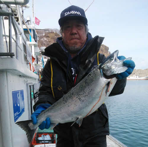 幌武意沖で3・5キロの大物サクラマスを釣った余市町の岩田さん