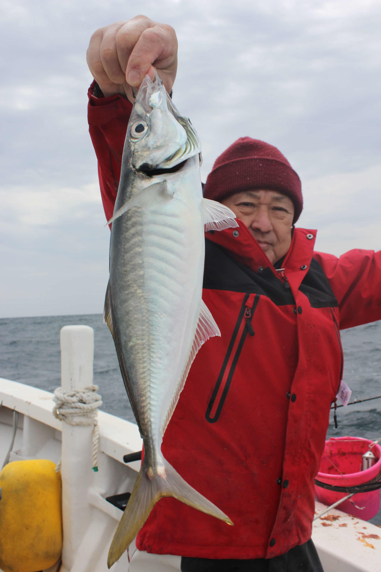 春木さんが釣り上げた46センチのマアジ