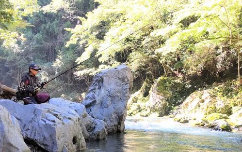 岩の上に身を隠してアマゴを狙う筆者