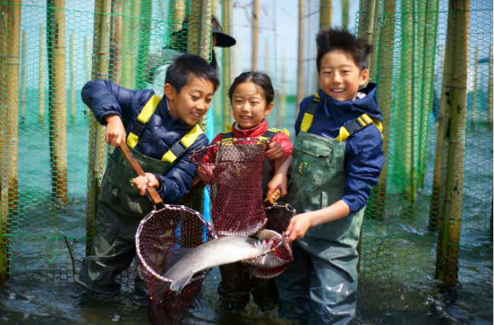 潮の満ち引きを利用して魚を捕獲する簀立て漁
