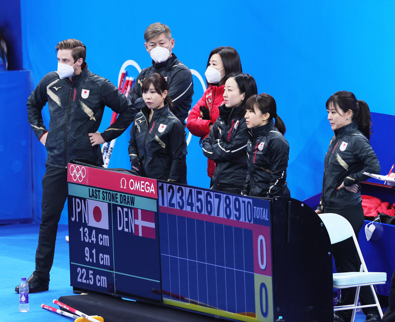 試合前、デンマークの練習を見つめる日本（撮影・足立雅史）