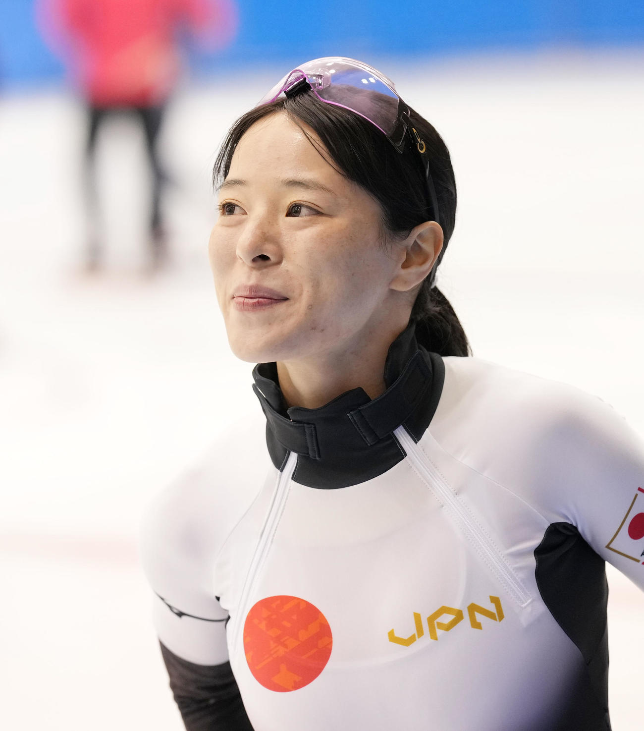 北京五輪スケートショートトラックの公開練習で笑顔を見せる菊池純（撮影・菅敏）