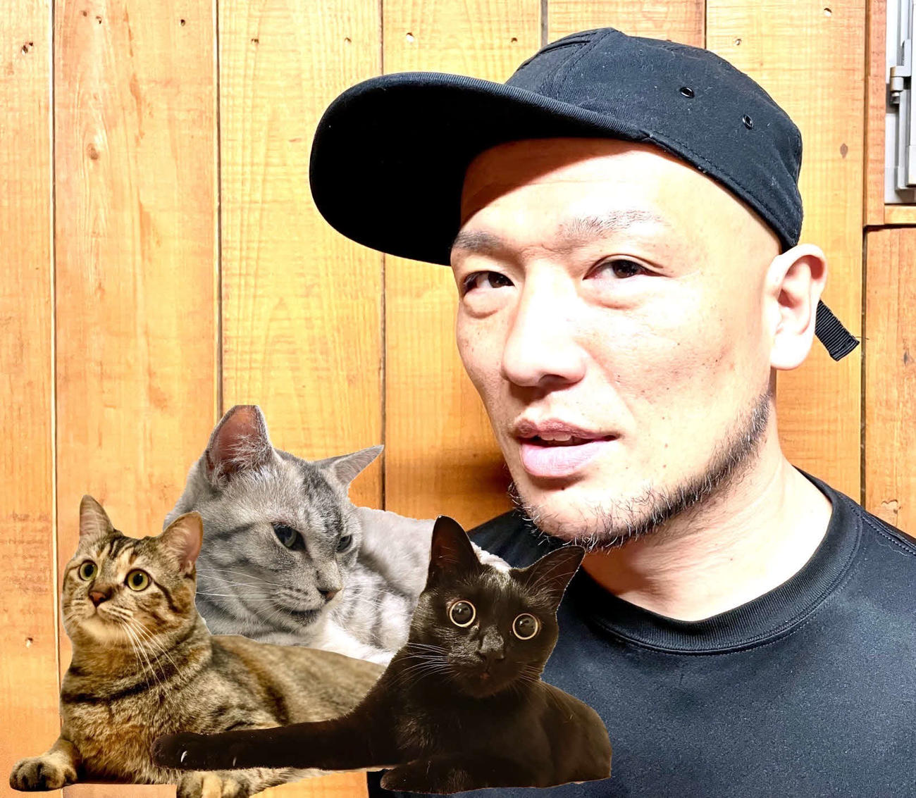 元スノーボーダーのチョコバニラボール新井さんと、写真左から飼い猫のムギちゃん、ムーちゃん、モコちゃん（本人提供）