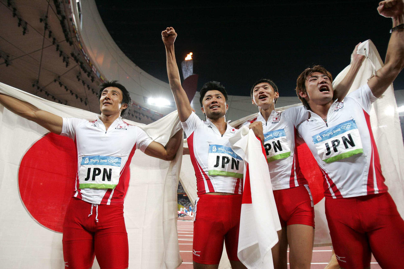 08年北京五輪　左から朝原宣治、末続慎吾、高平慎士、塚原直貴