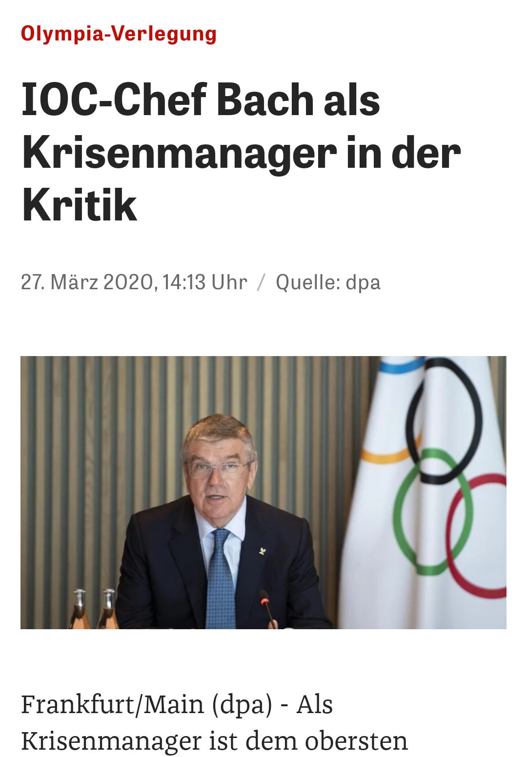 「IOCバッハ会長の危機管理能力に批判」との見出しで東京五輪延期について伝える3月27日のドイツ紙ツァイト電子版（撮影・鈴木智貴通信員）