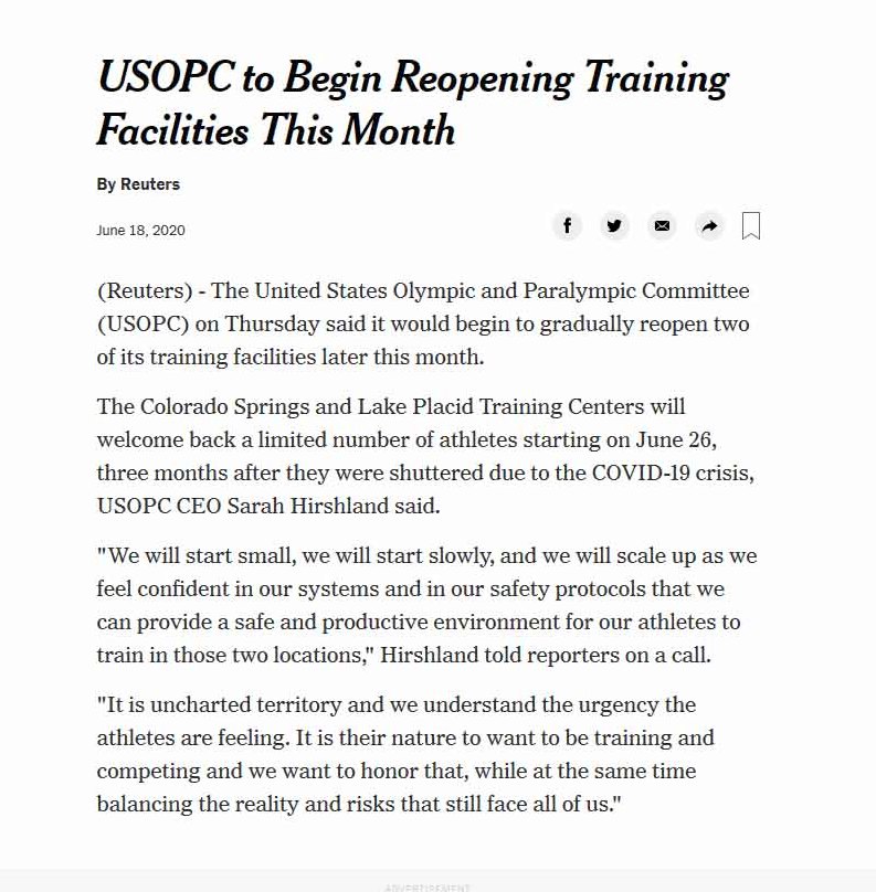「USOPCが6月26日から練習施設の使用を認める」とのロイター通信報道を伝える6月18日のニューヨーク・タイムズ電子版（撮影・千歳香奈子通信員）