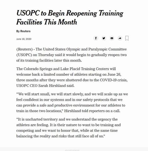 「USOPCが6月26日から練習施設の使用を認める」とのロイター通信報道を伝える6月18日のニューヨーク・タイムズ電子版（撮影・千歳香奈子通信員）