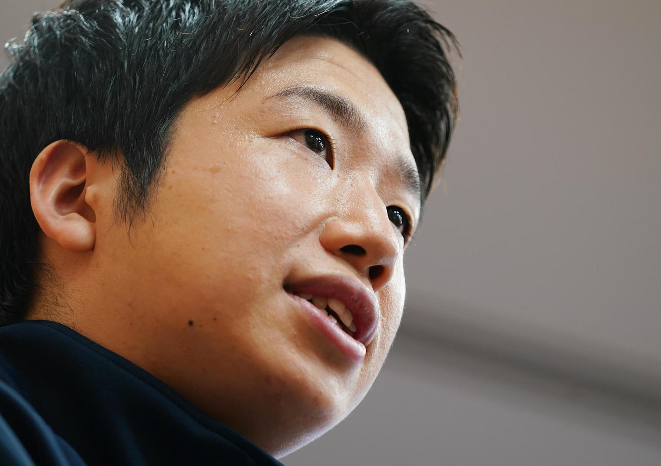東京五輪への思いを話す卓球男子日本代表の水谷（撮影・菅敏）