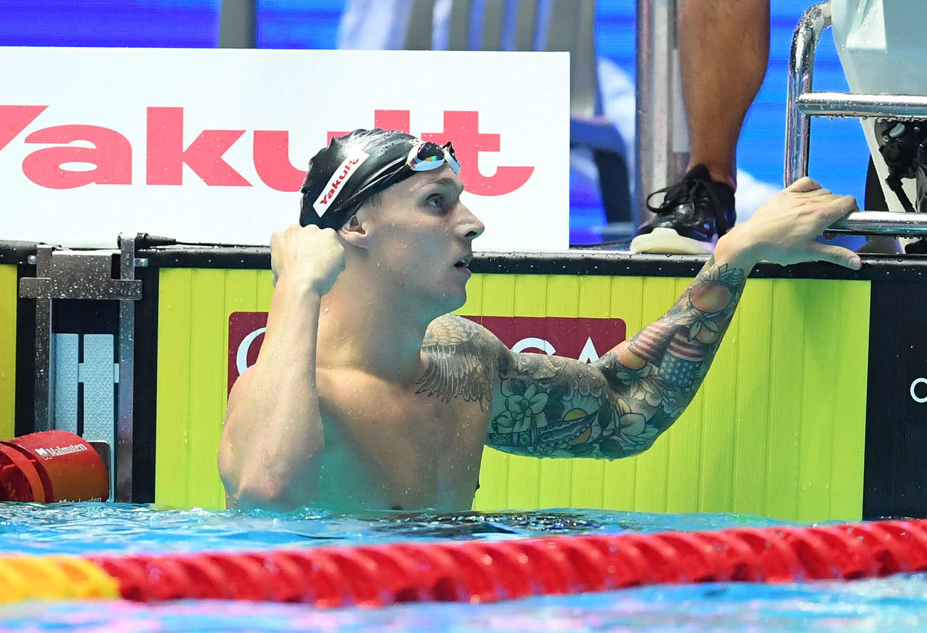 19年7月、世界水泳男子100メートルバタフライ準決勝　世界新記録を樹立しガッツポーズするドレセル