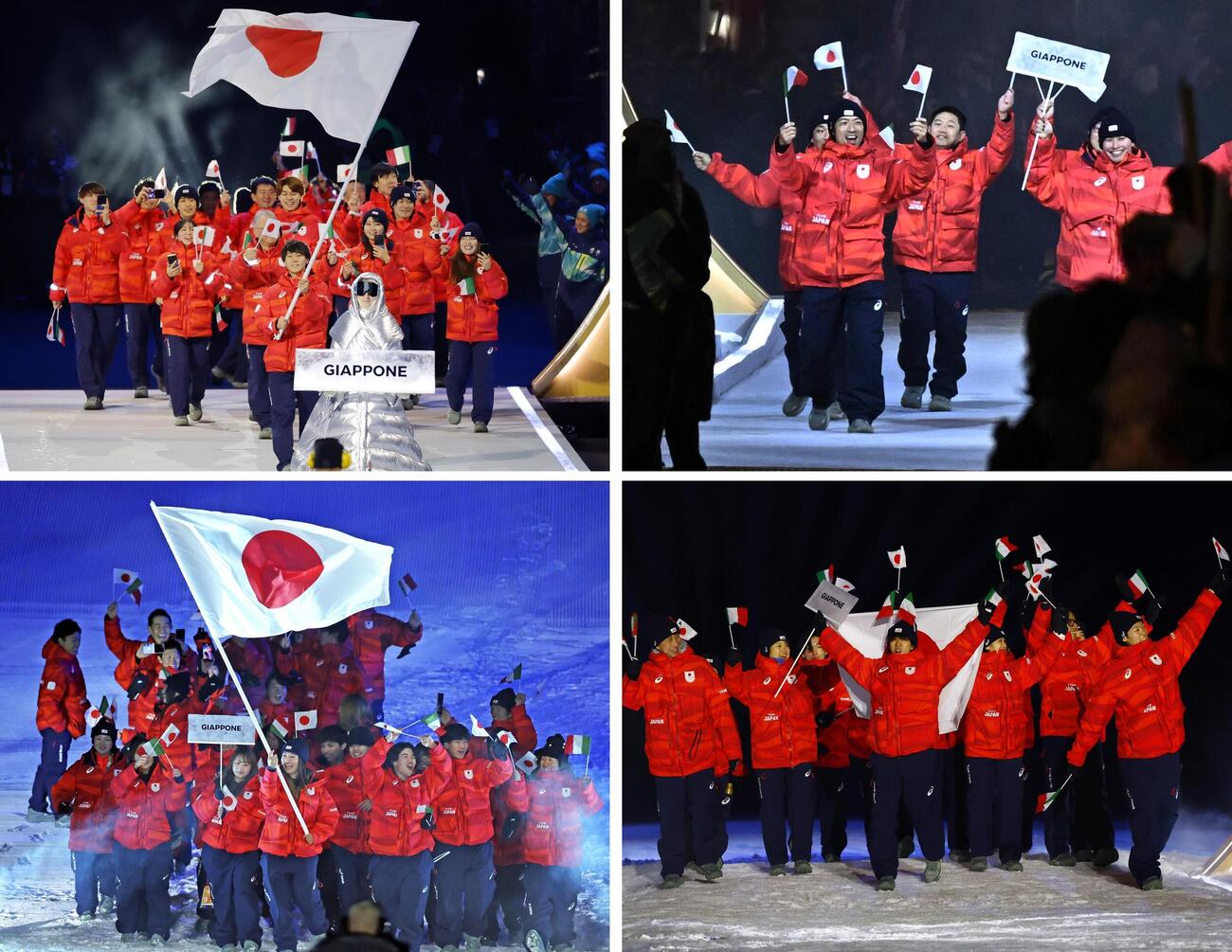 6日、ミラノ・コルティナ冬季五輪の開会式で、4会場で入場行進する日本選手団。左上から時計回りに、ミラノ、コルティナダンペッツォ、プレダッツォ（以上、共同）、リビーニョ（代表撮影・共同）