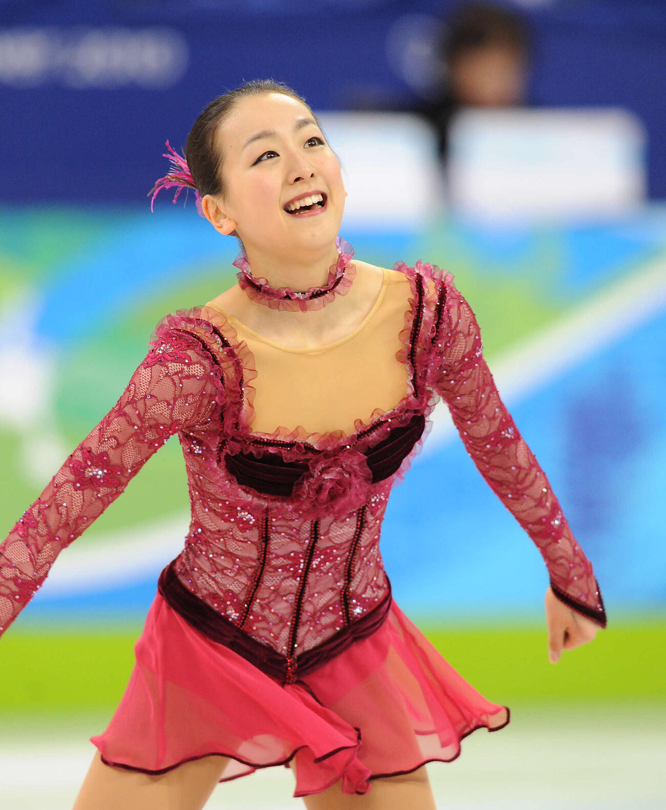 2010年2月23日、バンクーバー五輪フィギュアスケート女子SP　フィニッシュ後、充実の表情を見せた浅田真央