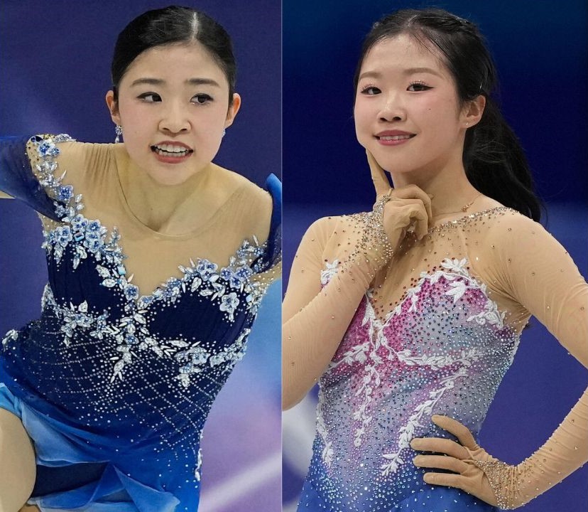 女子フリーで演技する千葉百音（左）と中井亜美（ともにAP）
