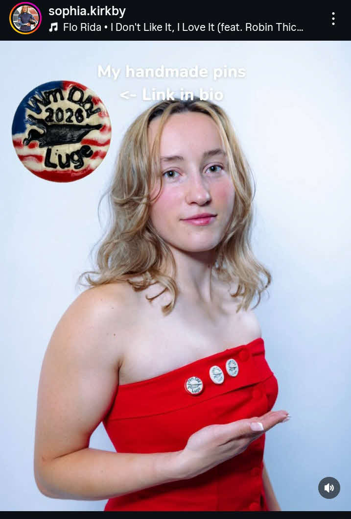 自作の陶器製ピンバッジをSNSで紹介するリュージュ女子2人乗りの米国代表ソフィア・カークビー（カークビーのインスタグラムから）