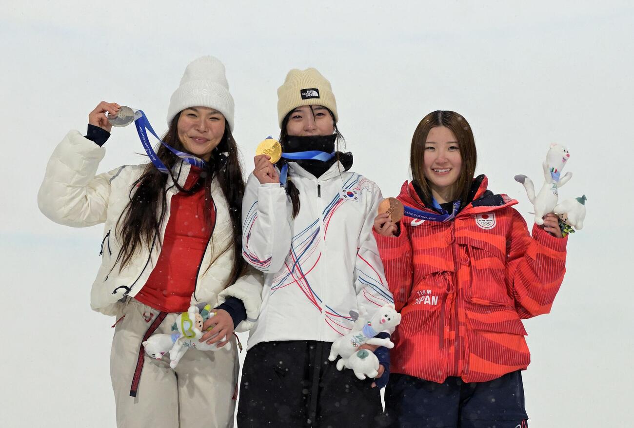 スノーボード女子ハーフパイプで金メダルを獲得した韓国のチェ・ガオン（中央）。左は銀メダルのクロイ・キム、右は銅メダルの小野光希（ロイター）