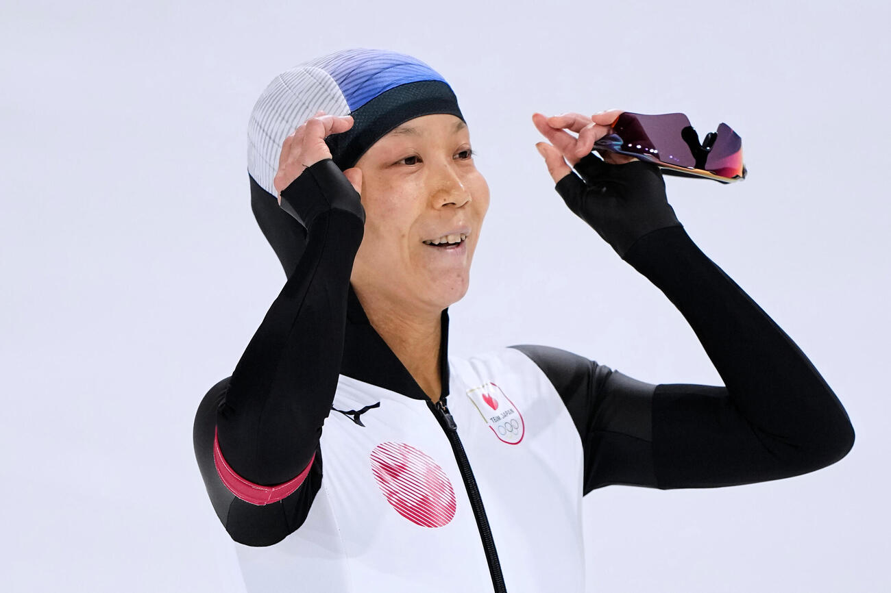 スピードスケート女子500ｍに出場した高木美帆は好タイムに笑顔（AP)