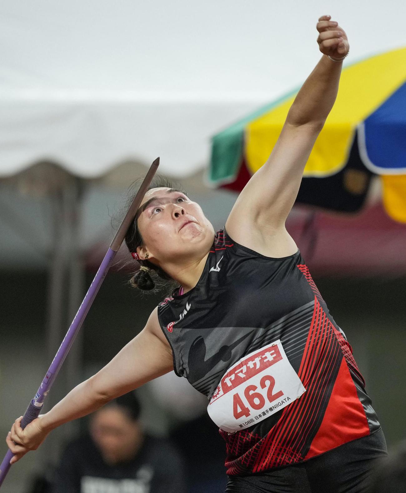女子やり投げで62メートル87をマークし優勝した北口榛花（共同）