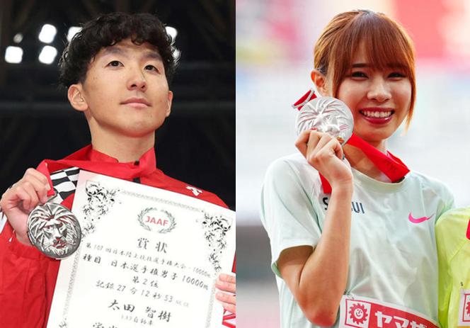 陸上男子長距離の太田智樹（左）と女子長距離の山本有真