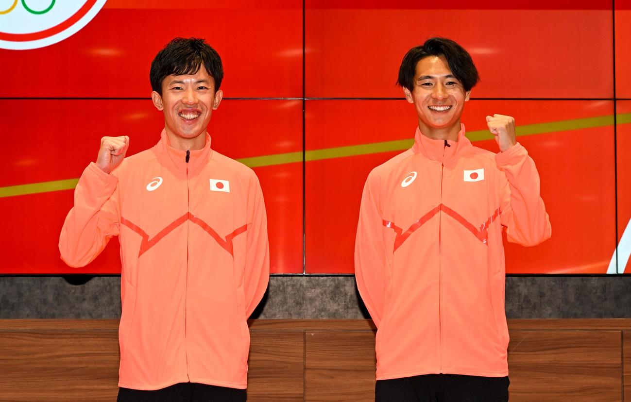 パリ五輪マラソン日本代表内定選手会見に登壇した男子代表の小山（左）と赤崎（提供：日本陸連／フォート・キシモト）