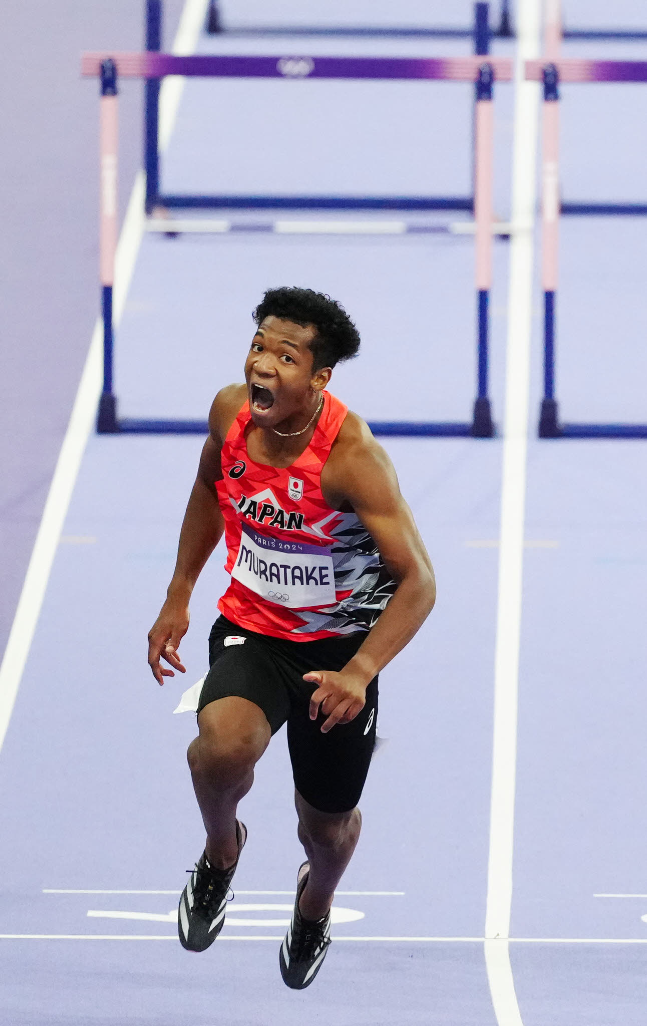 男子110メートル障害決勝でフィニッシュする村竹（撮影・江口和貴）