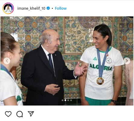 アルジェリアのアブデルマジド・テブン大統領（中央）から勲章を贈られたイマネ・ヘリフ（右）　インスタから