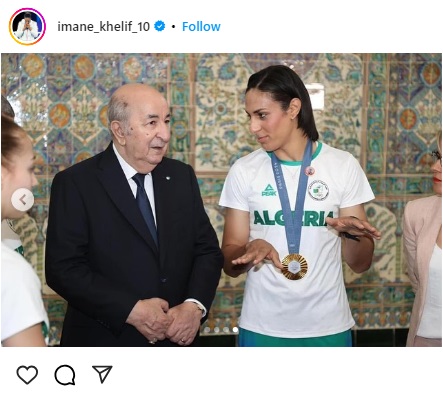 アルジェリアのアブデルマジド・テブン大統領（中央）から勲章を贈られたイマネ・ヘリフ（右）　インスタから