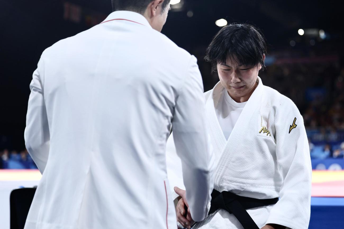 女子57キロ級3位決定戦で勝利し感極まる舟久保（撮影・河田真司）