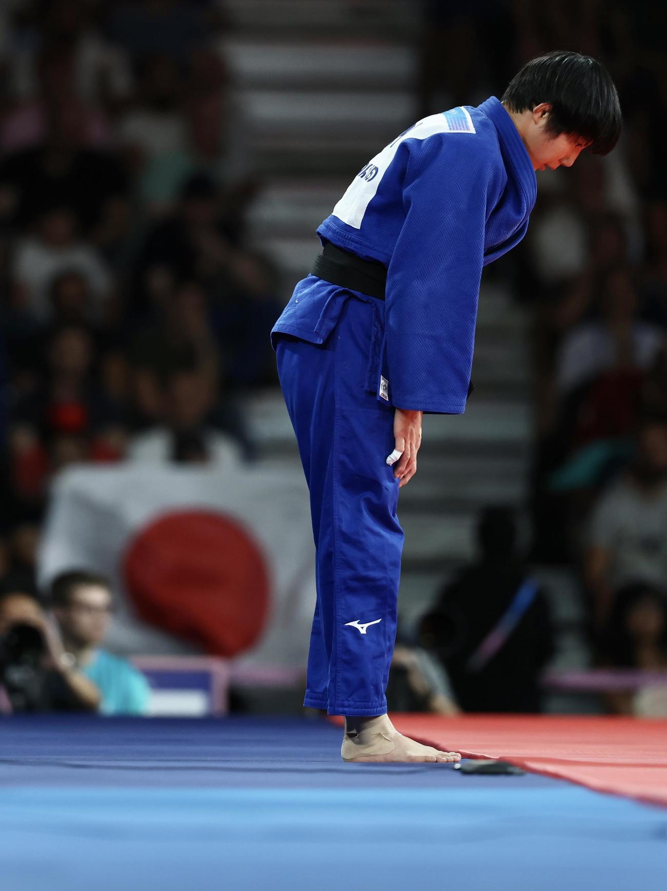 女子57キロ級敗者復活戦、勝利する舟久保（撮影・河田真司）