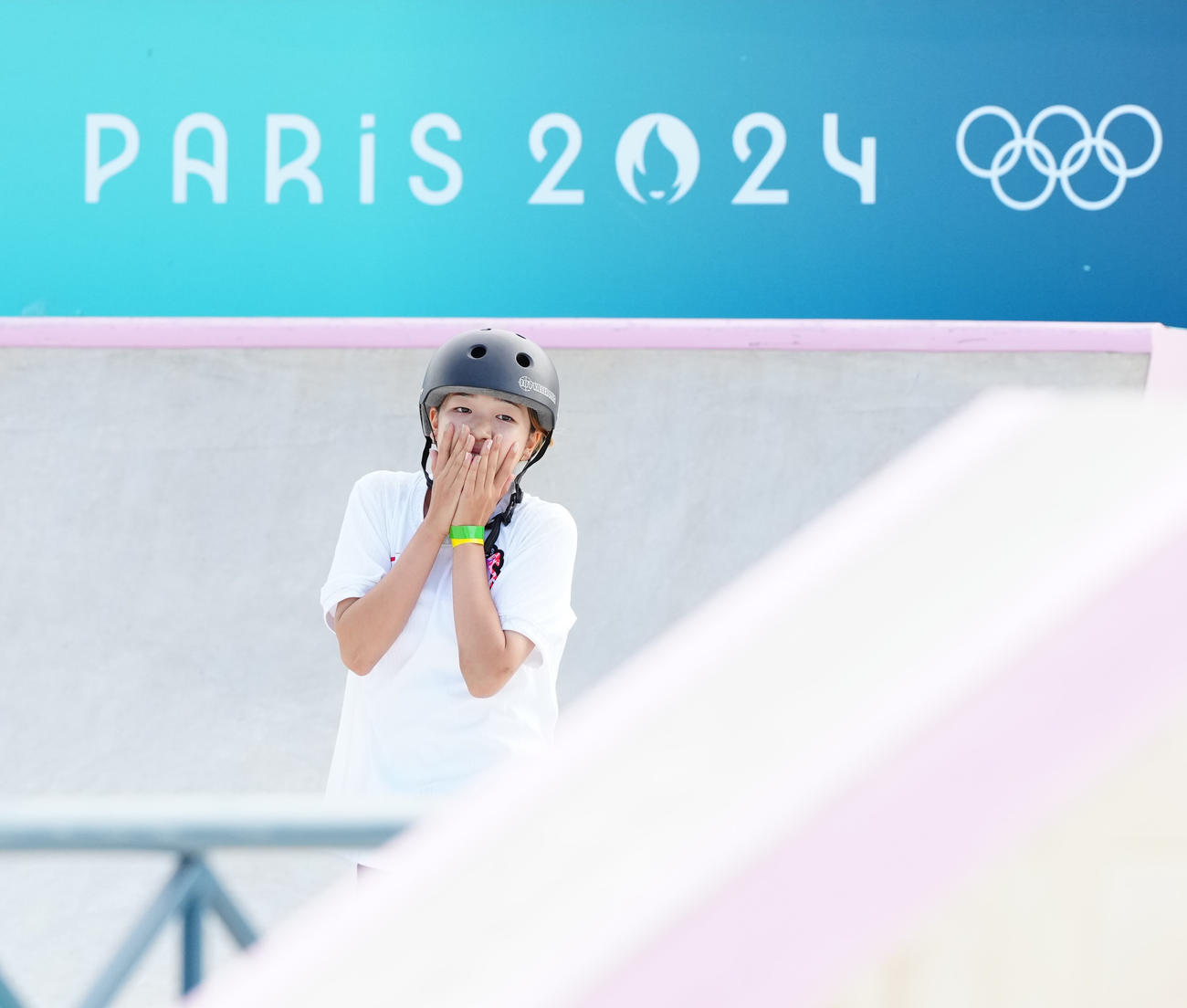 スケートボード女子ストリート決勝　ラン1回目を終えた吉沢（撮影・江口和貴）