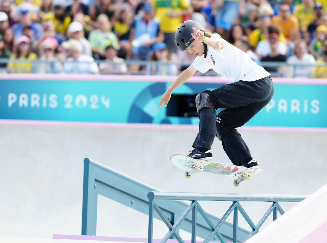 スケートボード女子ストリート決勝　ラン1回目に臨む吉沢（撮影・江口和貴）
